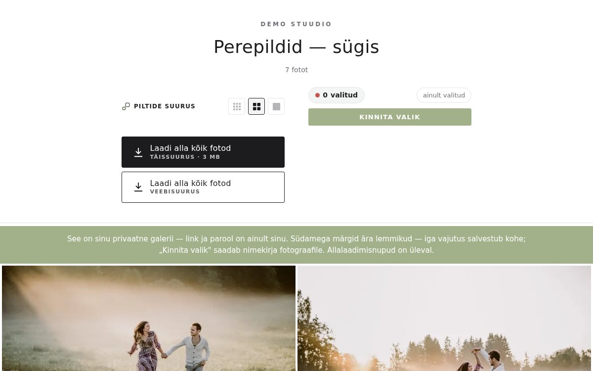 Kliendi galerii: pealkiri, lemmikute loendur, kaks allalaadimisnuppu, fotod